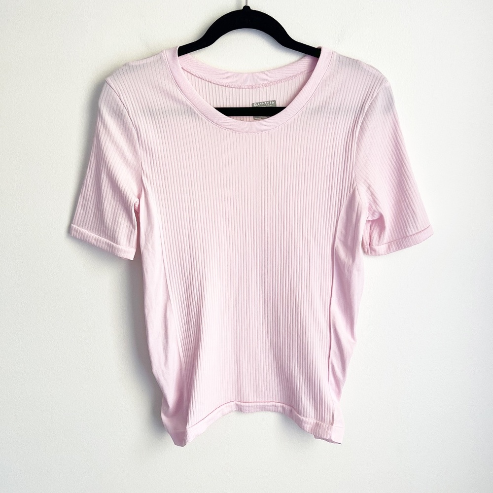 Athleta Renew Seamless Pink Ribbed Short Sleeve Top, M